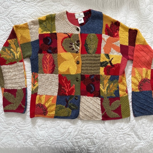 Vtg Susan Bristol‎ Hand Knit Multicolor GrannyCore Patchwork Cardigan WMs M EUC - Picture 2 of 12